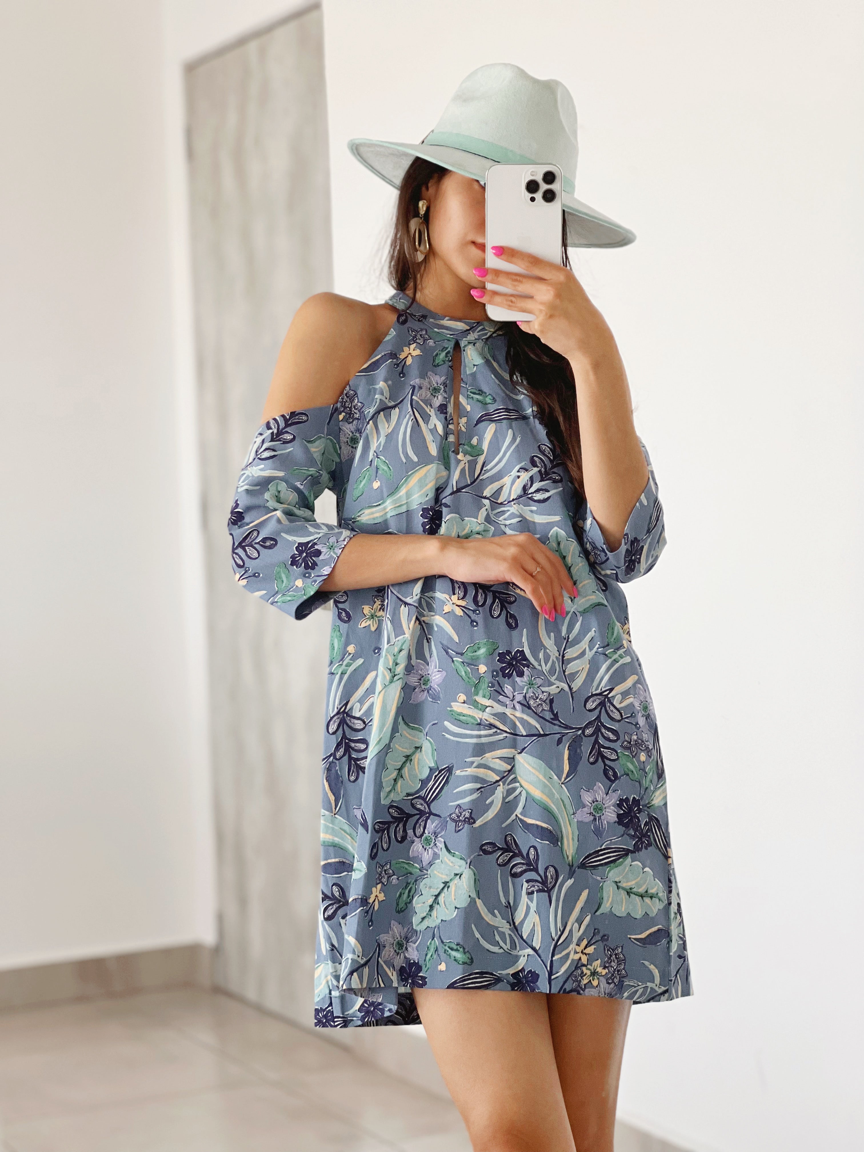 Julys Dress Short Linen Floral Blue Small