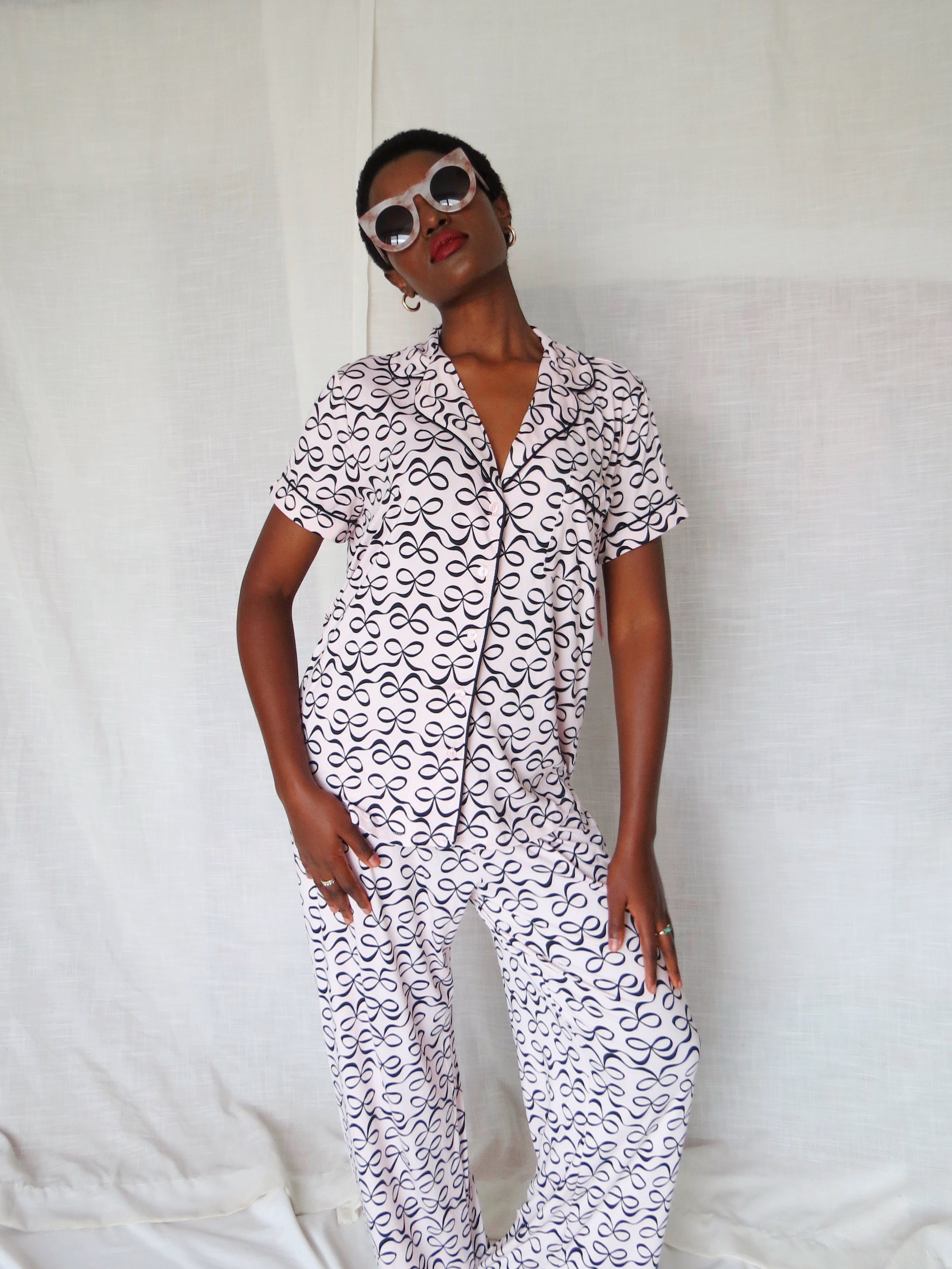 Kate spade blush pink black bows pants pajama set Medium