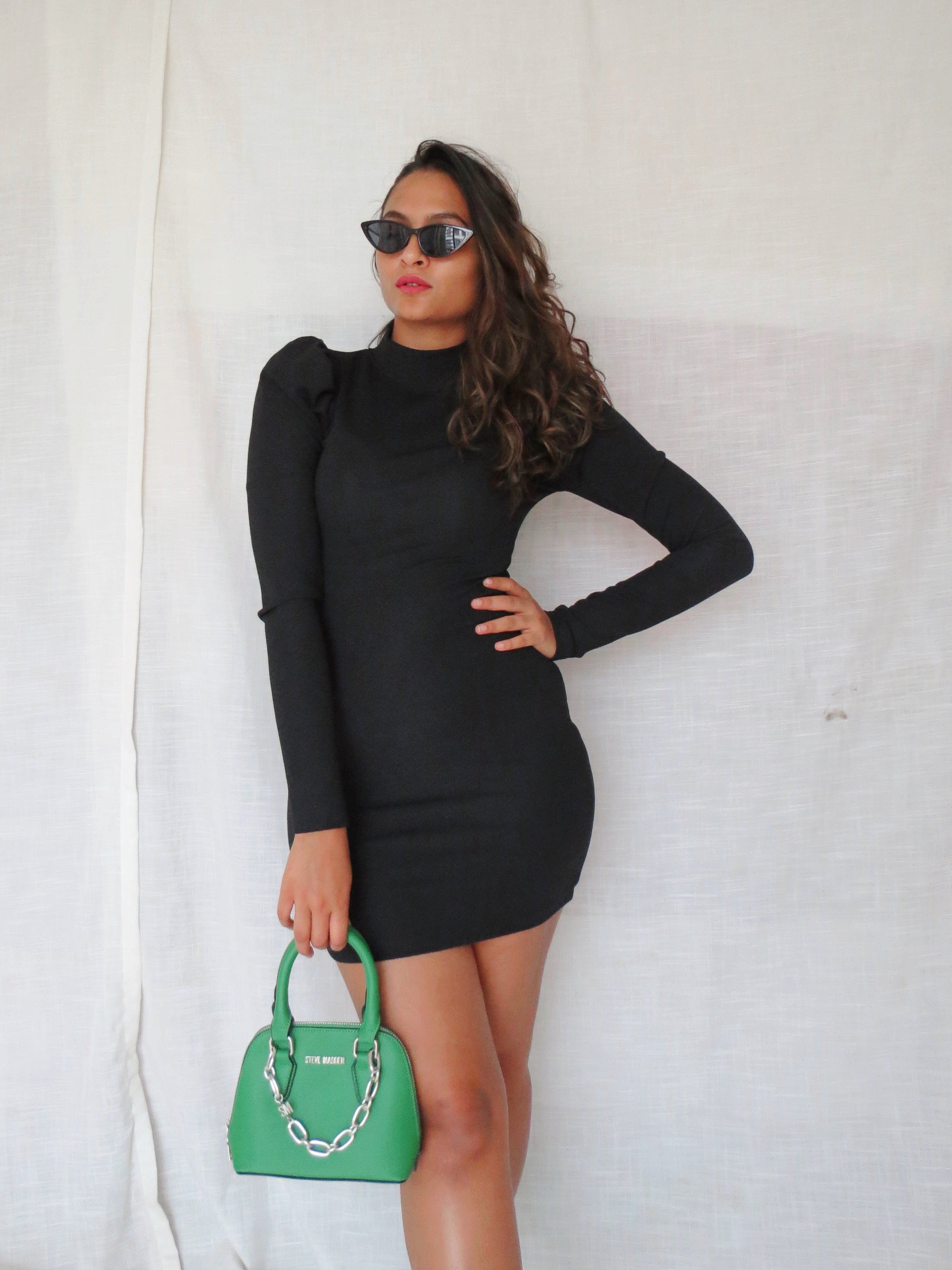 Mokara Dress Short Long sleeved shiny Bodycon Black S/M