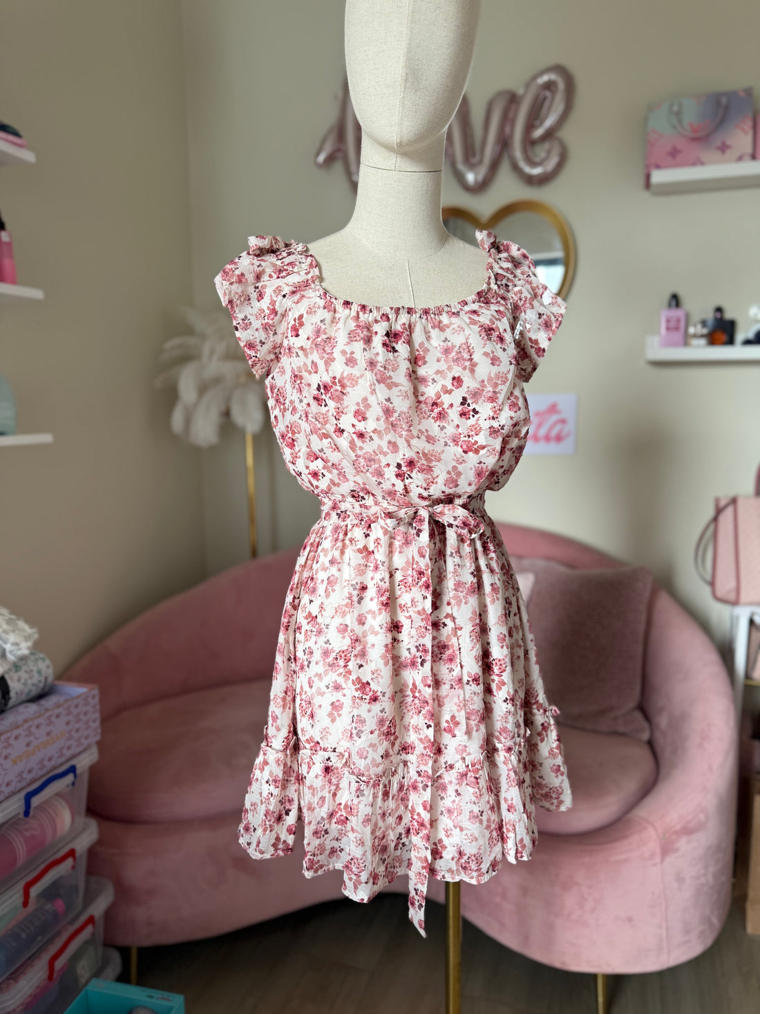 Trixxie Dress Short Cream & Purple Flowers Small/ Medium