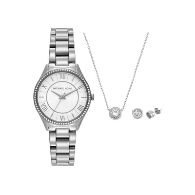 MK Watch, Necklace, Earring Silver Set