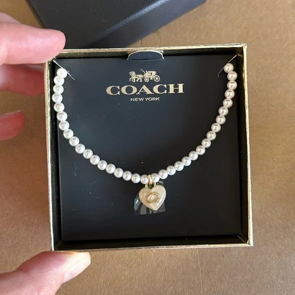 Coach Necklace Pearl White C Heart Logo