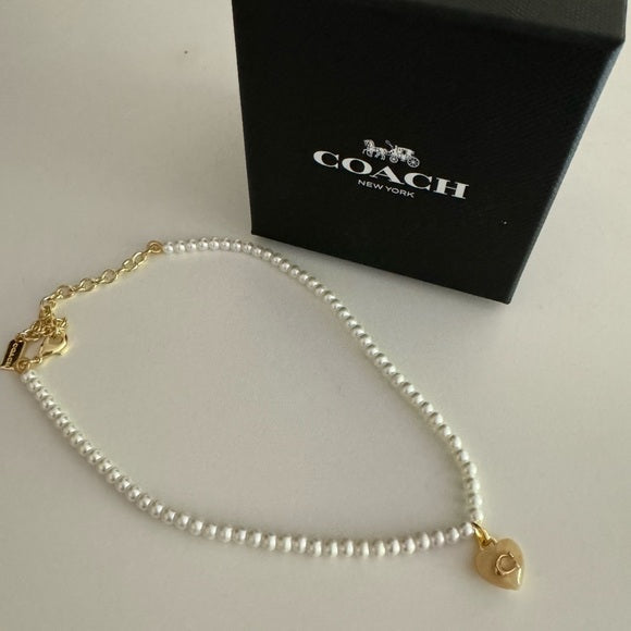 Coach Necklace Pearl White C Heart Logo