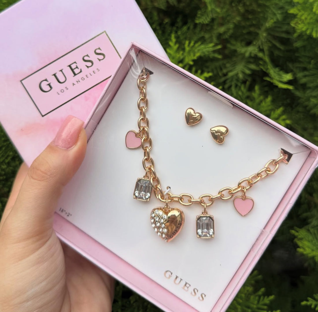 Guess Necklace & Earring Set Heart Locket