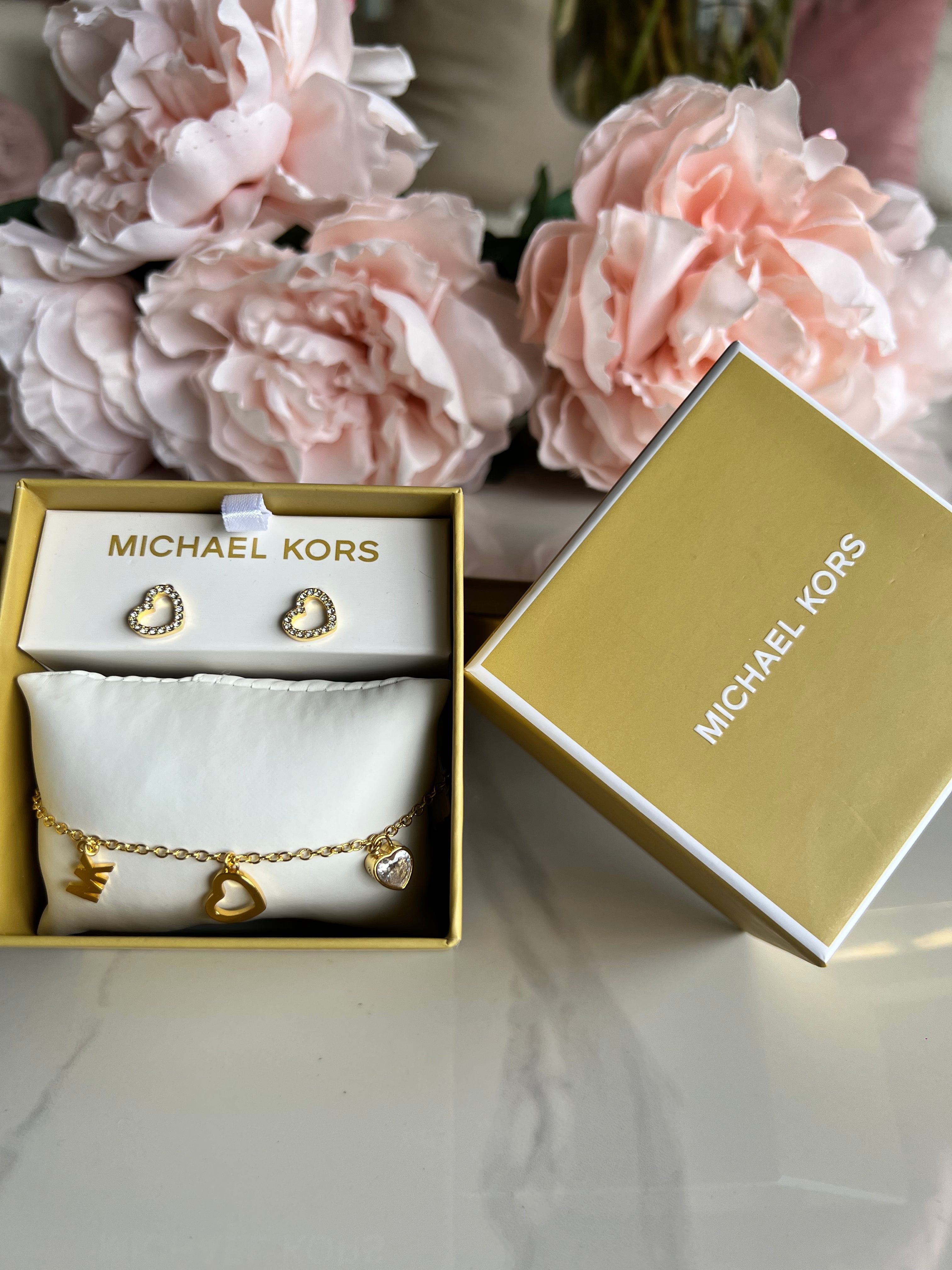 MK Bracelet & Earrings gold heart set
