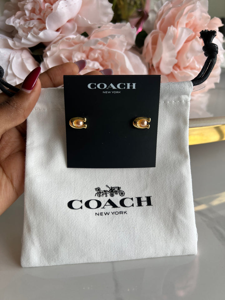 Coach Earrings Gold Pearl C Logo