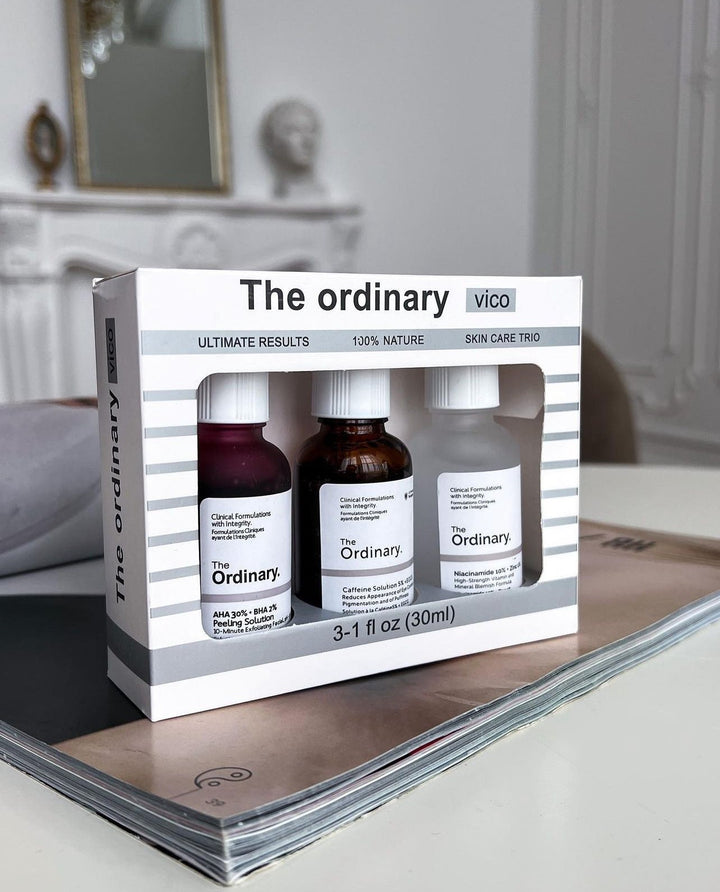 The Ordinary Vice Ultimate Results Skin Care Trio set, including three solutions.