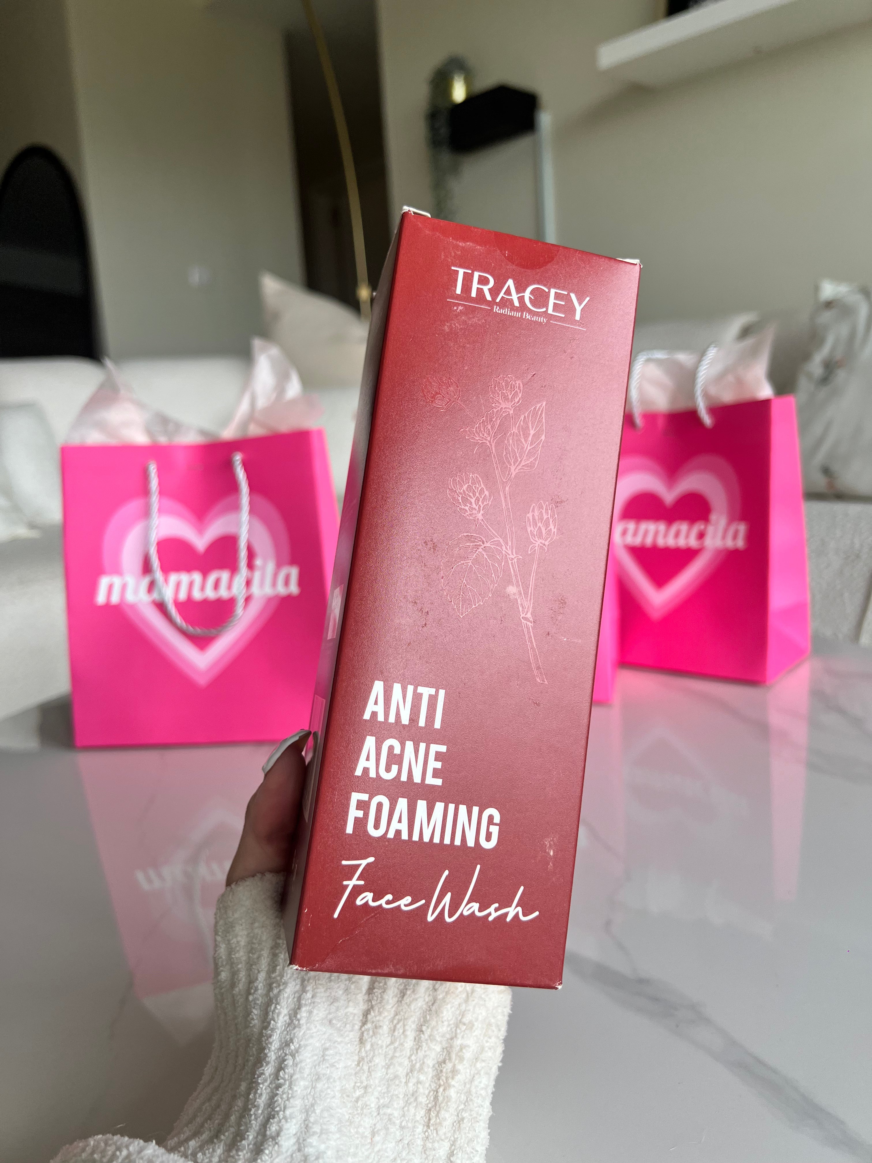 Tracey Anti-Acne Foaming Face Wash bottle designed to reduce acne scars.