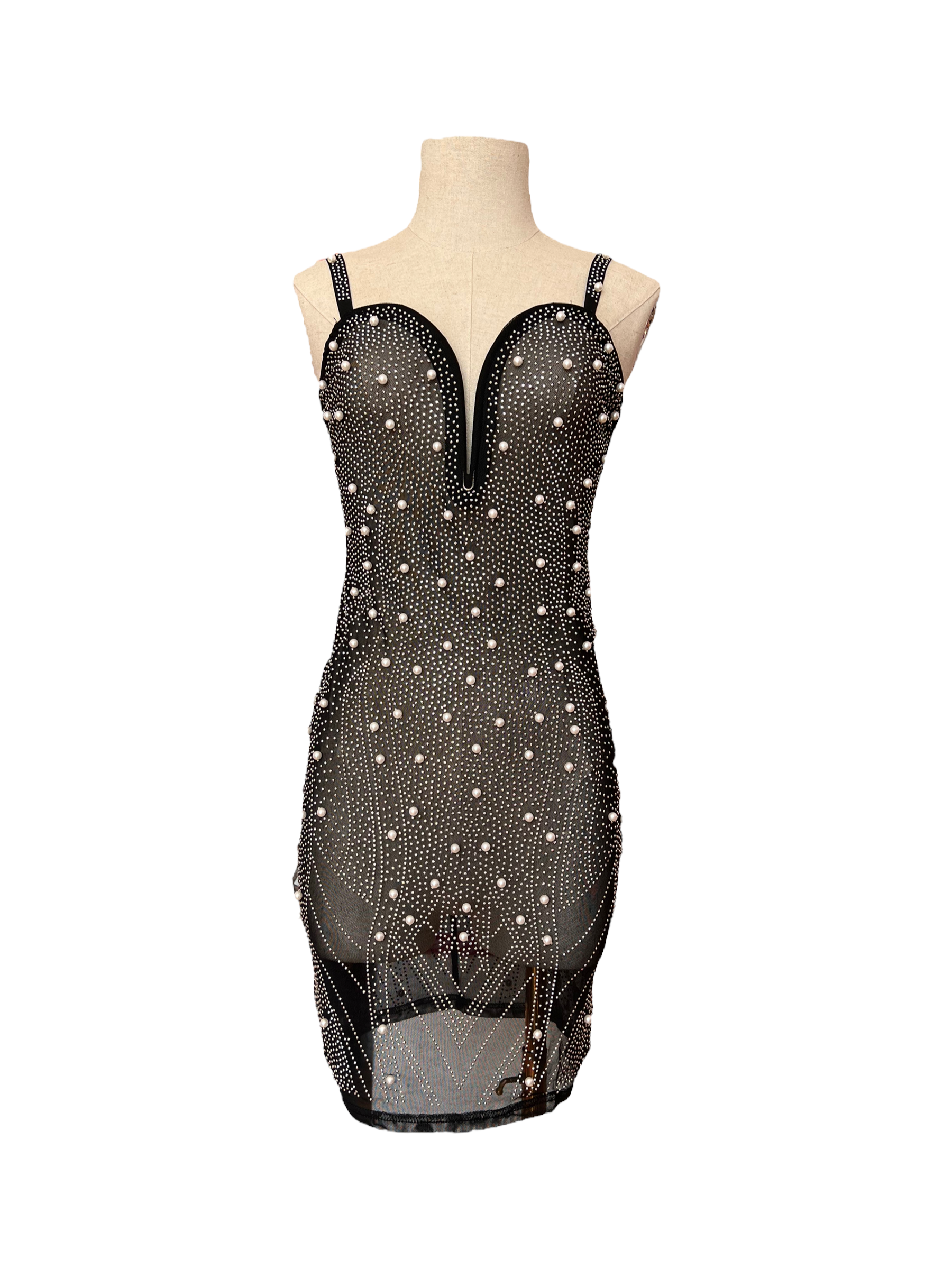 Sheer Pearl Black Short Dress S/M